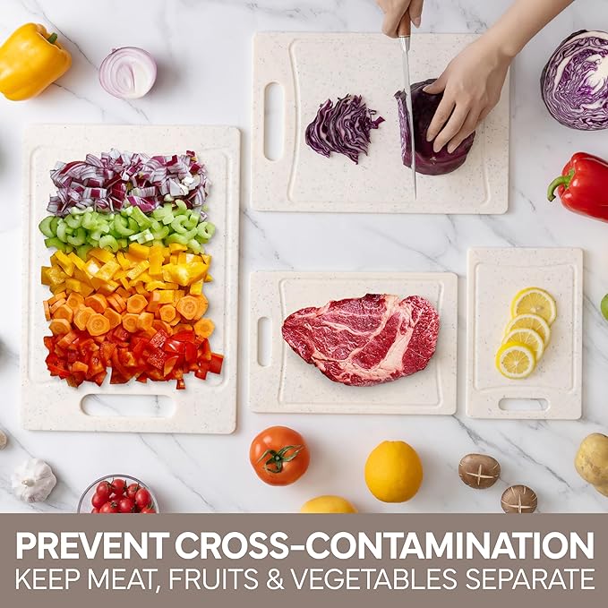 COOK WITH COLOR Non-Slip Cutting Board Set – Kitchen Essentials with Easy Grip Handle for Meat, Veggies, and Fruits, 4 Cutting Boards, White