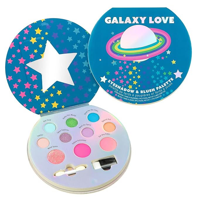 Expressions 10 Color Eyeshadow Palette & Blush Makeup Novelty Beauty Set, Fold Out Compact with Mirror, Washable, Non-Toxic,Galaxy Love Glisten & Glitter Makeup Palette-BrightBean Baby