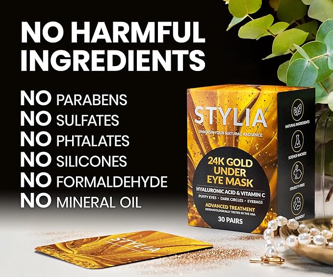 Stylia Under Eye Patches for Dark Circles and Puffy Eyes (30 Pairs) - 24k Gold Under Eye Mask with Vitamin C, Hyaluronic Acid, Pearl Extract - Eye Masks for Dark Circles and Puffiness-BrightBean Baby