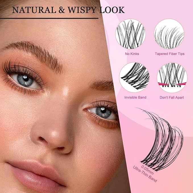 Nova Lash Clusters Kit - 360 pcs Lash Clusters Natural Look Invisible Band Eyelash Clusters Lash Extension Kit with Bond and Seal 0.07D D Curl WideSpan Cluster Eyelash Extension Kit 8-16mm DIY at Home-BrightBean Baby
