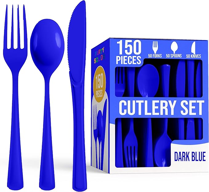 Party Solids Dark Blue Plastic Silverware Heavy Duty 150 Pieces Dark Blue Plastic Cutlery Sets, Utensil Sets, 50 Of Each Forks, Knives & Spoons Disposable Cutlery Set, Flatware Set For Party Supplies