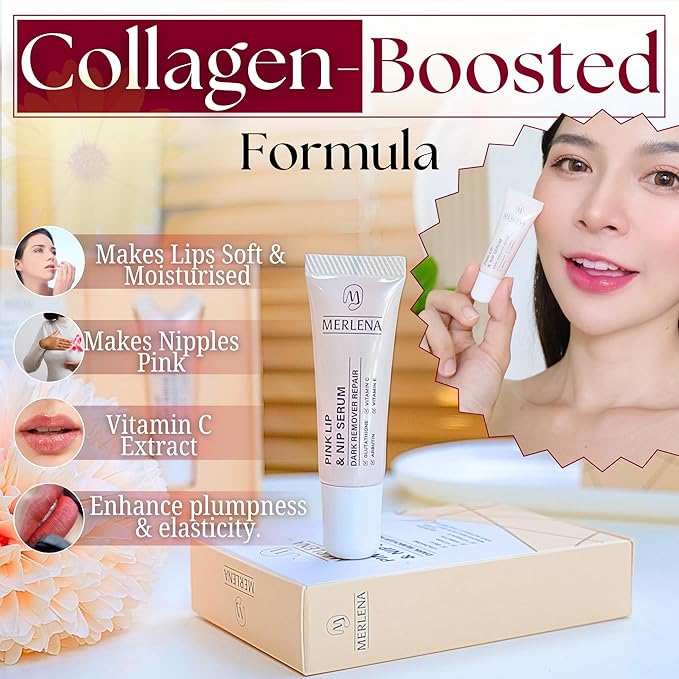 Merlena Pink Lip & Nip Serum - Hydrates and Repairs Dry, Peeling Lips and Nipples, Adds Collagen for Plumpness, Soothes Flaky Skin, Organic Vitamin C & E Formula 8ml-BrightBean Baby
