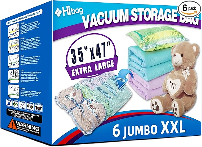 XXL Jumbo 47''X35'' Vacuum Storage Space Saver Bags Extra Large for Blanket, Bedding, Comforters and Huge Stuffed Toy (6 Pack)-BrightBean Baby