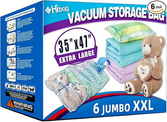 XXL Jumbo 47''X35'' Vacuum Storage Space Saver Bags Extra Large for Blanket, Bedding, Comforters and Huge Stuffed Toy (6 Pack)-BrightBean Baby