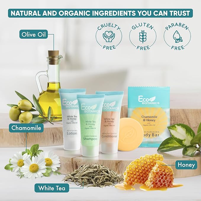 Eco Botanics Hotel Soaps and Toiletries Bulk Set | 1-Shoppe All-In-Kit Amenities for Hotels & Airbnb | 0.85 oz Hotel Shampoo, Conditioner & Lotion, 0.89 oz Bar Soap Travel Size | 200 Pieces-BrightBean Baby