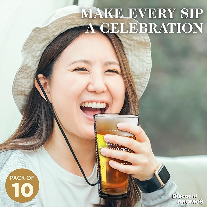 Custom Spiral Pint Glass 16 oz. Set of 10, Personalized Bulk Pack - Beer Glasses, Heavy Duty Drinkware - Black