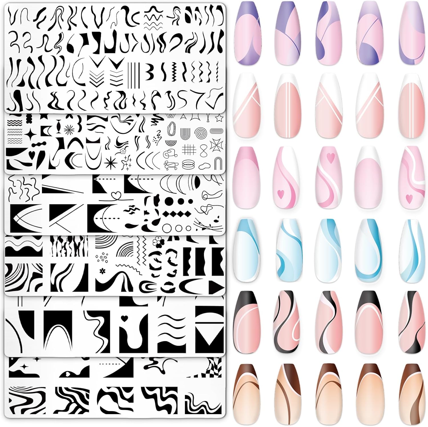 Whaline 6Pcs French Line Nail Plates Stamping Set Minimalism Wave Stripe Stamp Templates Nail Art Plates For DIY Print Manicure Salon Design-BrightBean Baby