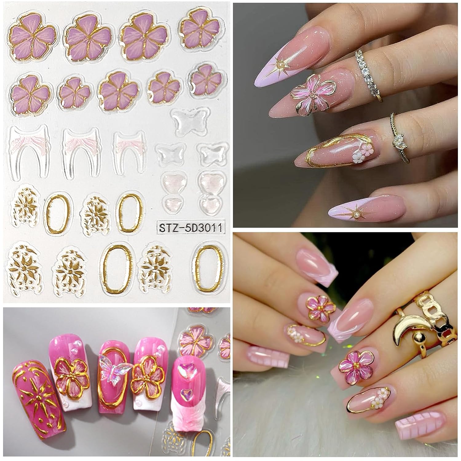Flower Nail Art Stickers 5D Embossed Nail Decals Spring Summer Colorful Flower Nails Design Self-Adhesive 3D Accessories for Women Nails DIY Decoration(6 Sheets)-BrightBean Baby