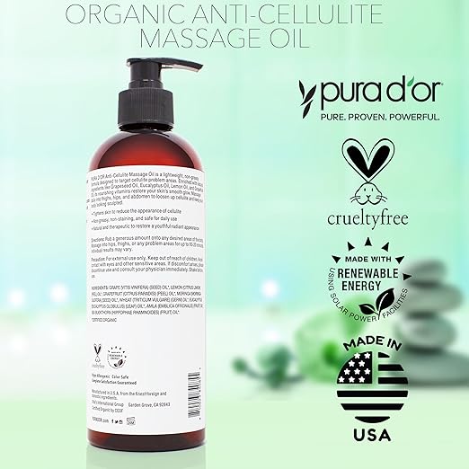 PURA D'OR 16 Oz Organic Anti-Cellulite Massage Oil - Lemon Peel, Moringa, Grape Seed, Grapefruit & Eucalyptus Oils - Skin Firming & Tightening for Active Individuals & Aging Adults-BrightBean Baby