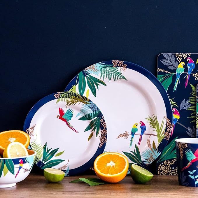 Portmeirion Sara Miller Parrot Melamine Side Plates, Set of 4 - Colorful Tropical Design & Gold Detailing - 8" BPA-Free Shatterproof Salad Tableware for Indoor & Outdoor Dining - Giftable Summer Plate