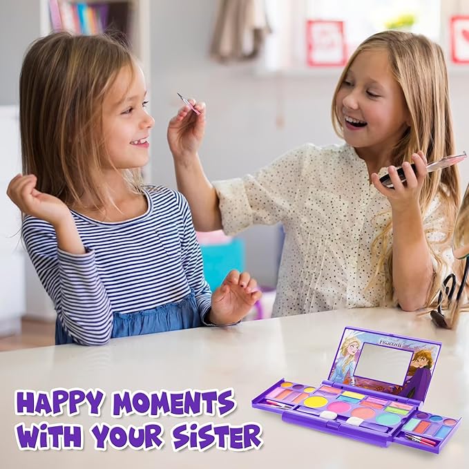 Disney Frozen Elsa Anna Cosmetic Compact Set with Mirror 22 lip glosses, 4 Body Shines, 6 Brushes Colorful Portable Foldable Washable Makeup Beauty Kit Box Set for Girls Kids Toddler-BrightBean Baby