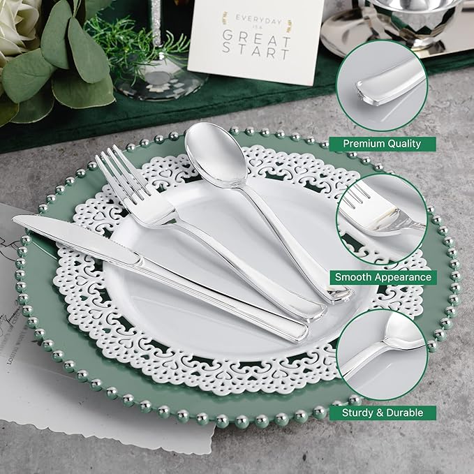 N9R 500PCS Silver Plastic Cutlery Set - 200 Forks, 150 Knives, 150 Spoons - Disposable, Premium, Sturdy - Silver, Plastic - Perfect for Gathering, Weddings, Parties