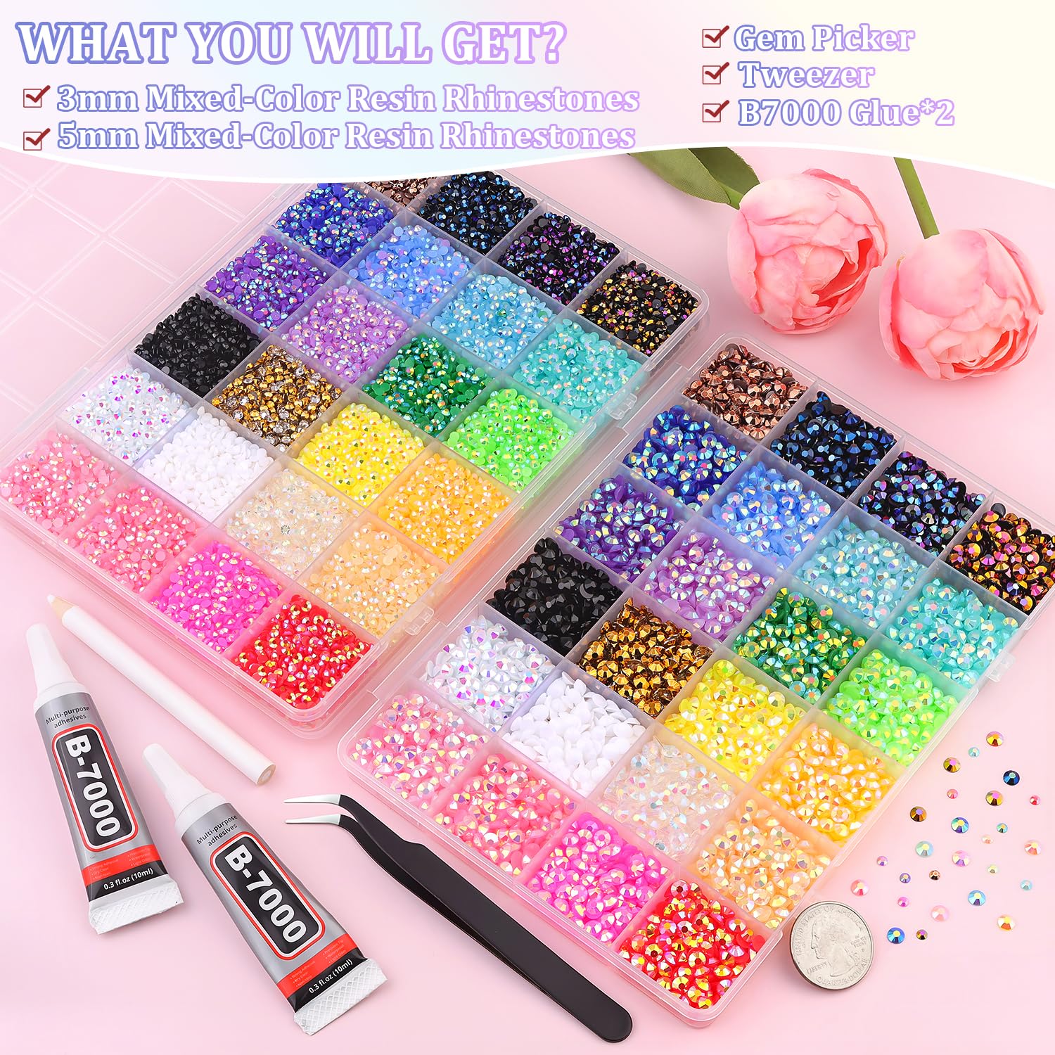 2 Boxes Jelly Rhinestones for Bedazzling, 30600Pcs 3mm & 5mm Multicolor Flatback Resin Gems for Crafting, Bedazzler Kit with 2Pcs 10ml B7000 Jewelry Glue for DIY Crafts Book Fabric Decor Nail Art-BrightBean Baby