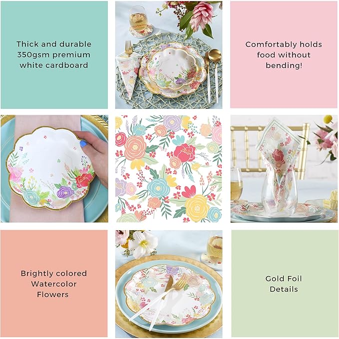 Kate Aspen Garden Blooms 62pc Paper Plates Napkins, 16pcs 7 inch & 16pcs 9 inch Heavy Duty Disposable Party Plates, 30pcs 6.5 inch Durable Paper Napkins for Bridal Shower, Baby Shower, Wedding Party