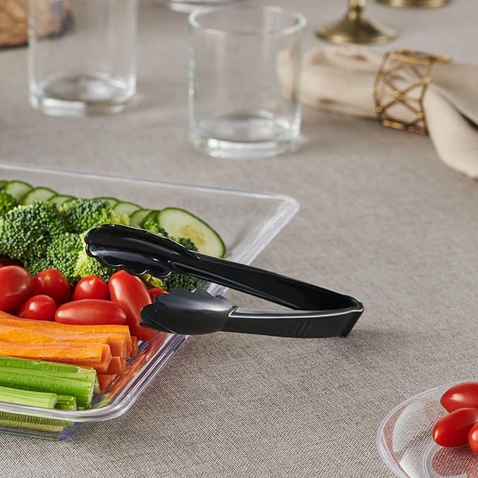 [Black Tongs 7.5'' Inches] Plasticpro 7.5'' Serving Tongs Heavy Duty Reusable Kitchen and BBQ Black Serving Tong for party's, Caterings, Events, Buffet, Weddings, And every Day use Pack of 12