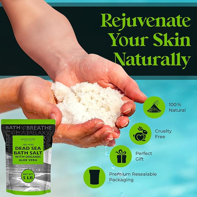Aromasong Dead Sea Salt with Organic Aloe Vera, Spa Bath Salts, 5 Lbs Fine Bulk resealable Pack, 100% Pure & Natural, Soak for Women & Men for Tired Muscles & Skin Issues (Packaging May Vary)-BrightBean Baby