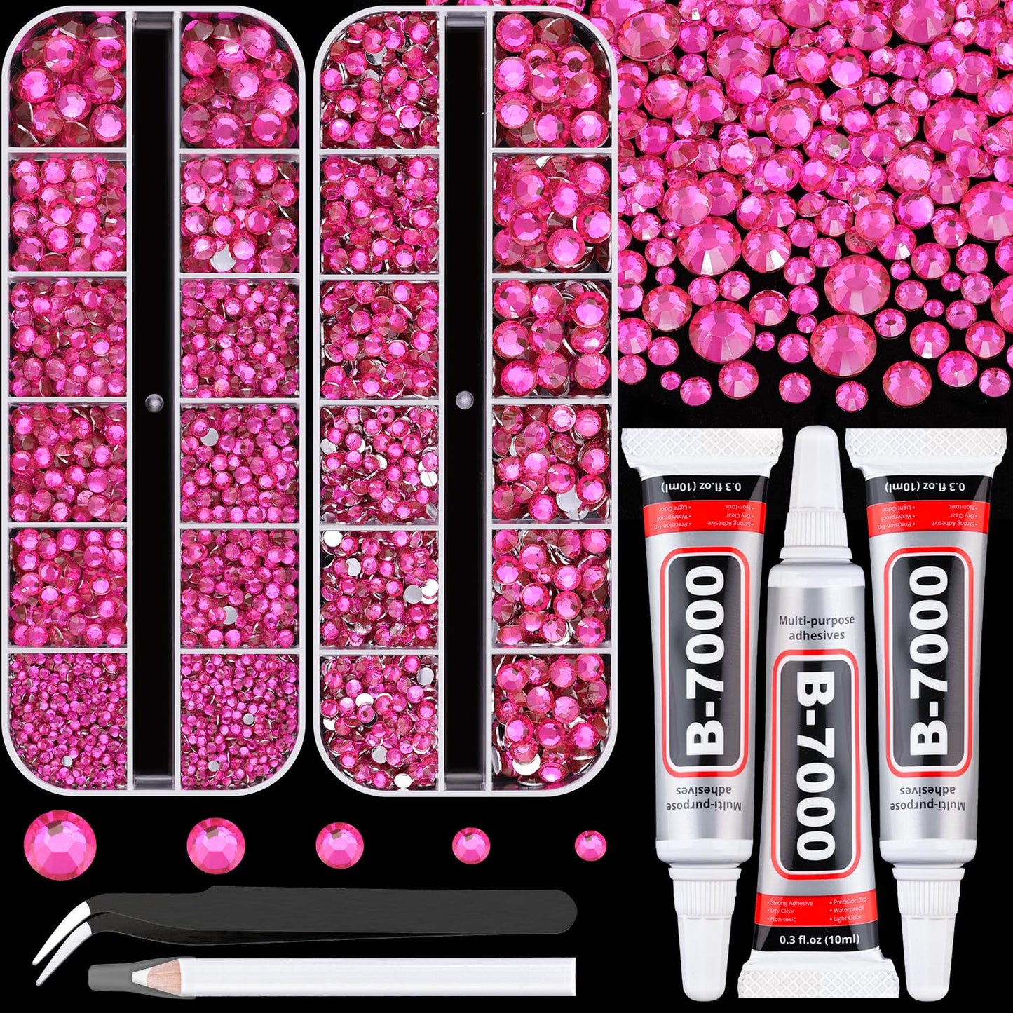 Resin Rhinestones for Crafting with B7000 Jewelry Glue, 2 Boxes Hot Pink Flatback Crystals with 3Pcs 10ml Glue for Bedazzling Crafts DIY Nail Art Makeup，Non Hotfix Gems for Clothing Shoes-BrightBean Baby