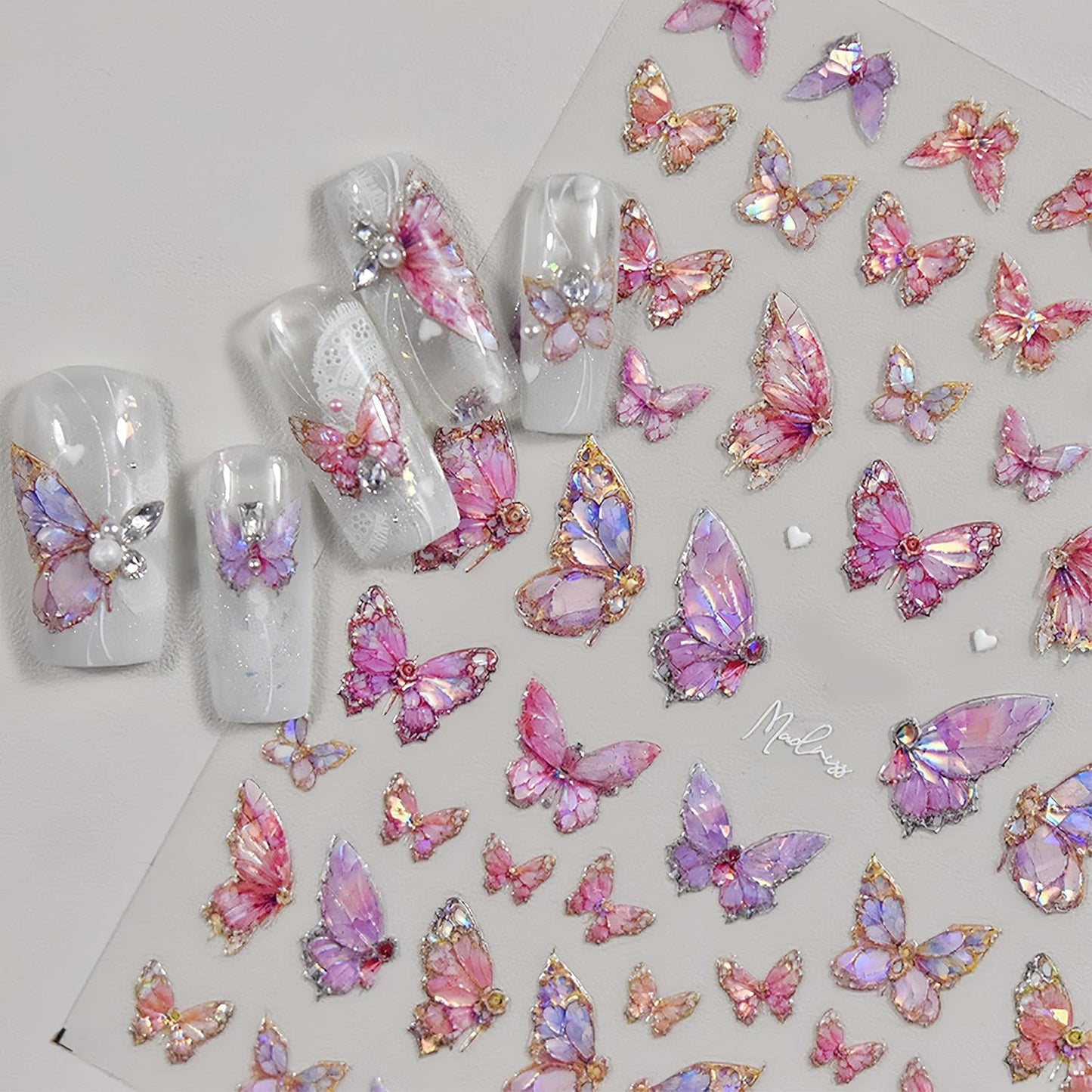 2 Sheets Butterfly Nail Art Stickers 5D Embossed Self-Adhesive Pink Aurora Sparkling Butterfly Nail Decals Designs for Women Girls DIY Nail Decoration-BrightBean Baby
