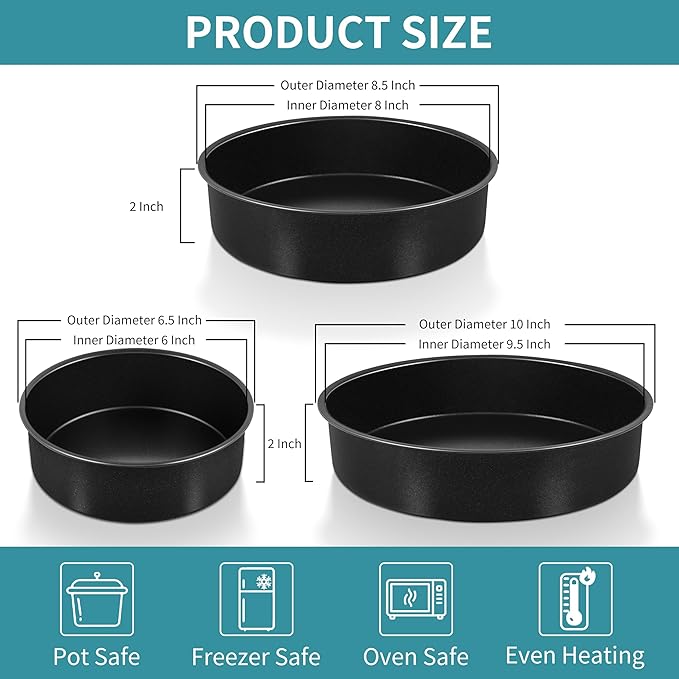 P&P CHEF 6/8/ 9.5 Inch Cake Pan Set of 3, Non-Stick Round Cake Pans Tins for Tier Smash Cakes, Baking Pans Set & Essential Bakeware, Stainless Steel Core & Leak-Proof