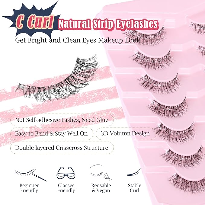 Lashes Natural Look False Eyelashes Wispy 13mm Eye Lashes Pack with Thin Cotton Band C Curl Fake Eyelashes 3D Volume For Daily Siligli Lash 7 Pair-BrightBean Baby