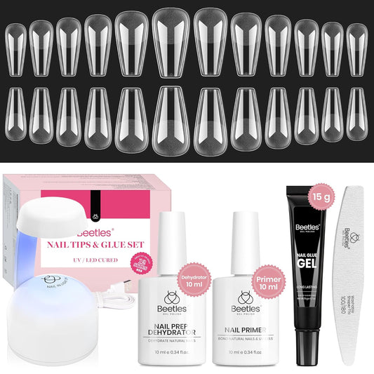 Beetles Gel Nail Kit Medium Coffin with Nail Dehydrator and Primer, 576Pcs Half Matte Etch-X Gel Nail Tips Solid Nail Glue Mini Nail Lamp Acrylic Nail Tips Easy DIY Nail Extension Set Gift for Women-BrightBean Baby