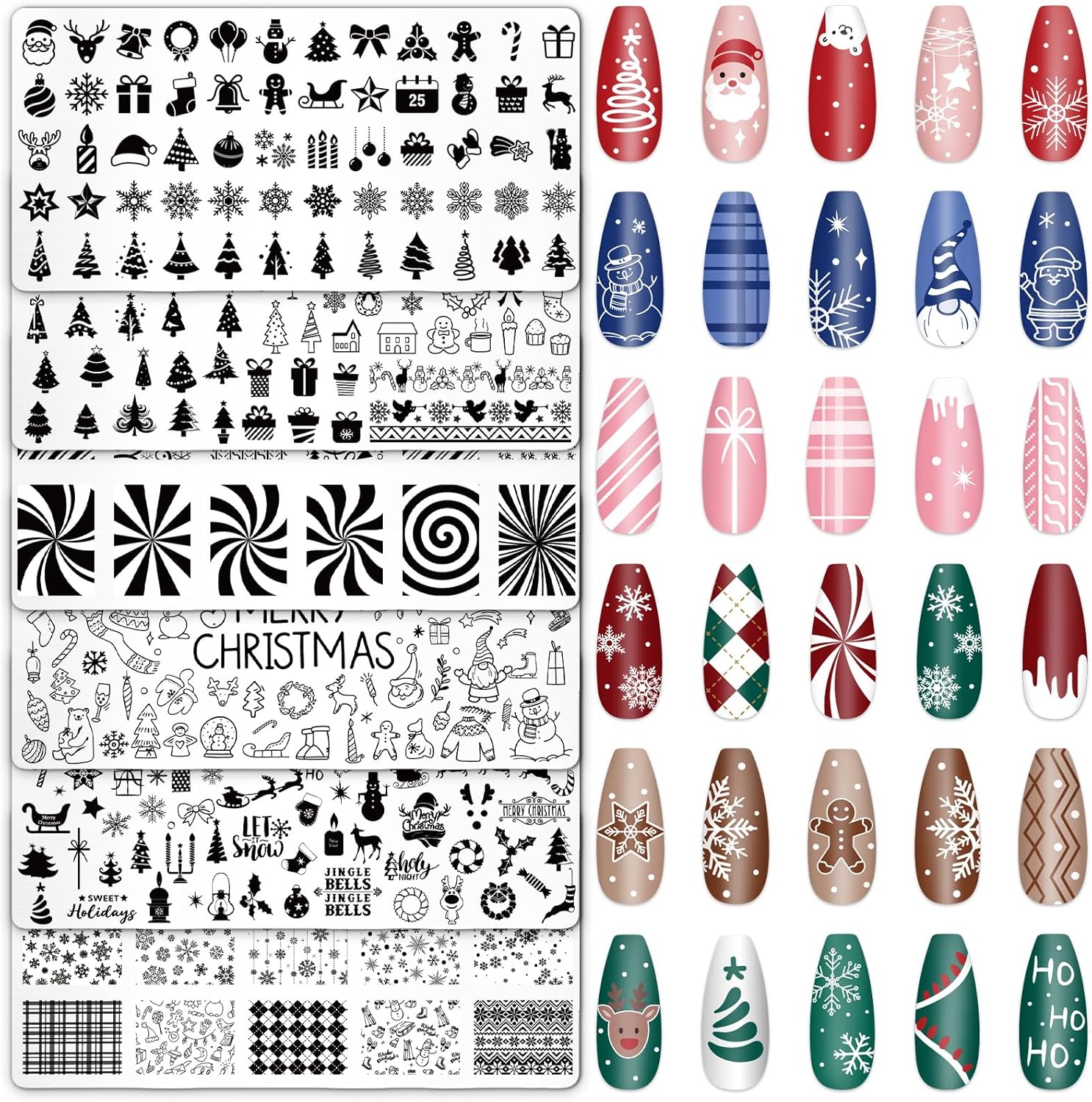 Whaline 6Pcs Christmas Nail Plates Stamping Set Xmas Tree Snowflake Snowman Stamp Templates Nail Art Plates for Winter DIY Print Manicure Salon Design Gift-BrightBean Baby