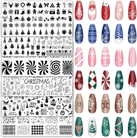 Whaline 6Pcs Christmas Nail Plates Stamping Set Xmas Tree Snowflake Snowman Stamp Templates Nail Art Plates for Winter DIY Print Manicure Salon Design Gift-BrightBean Baby