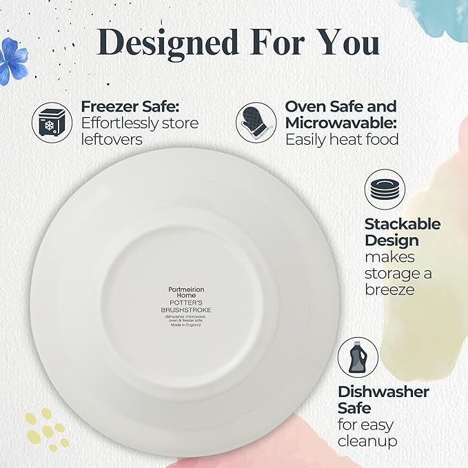 Portmeirion Potter's Brushstroke Oatmeal Bowl (Set of 4) - Ideal for Porridge, Soup, Desserts - Microwave & Dishwasher Safe Earthenware Bowls, Durable Dishware Collection - Made in UK (Blue)