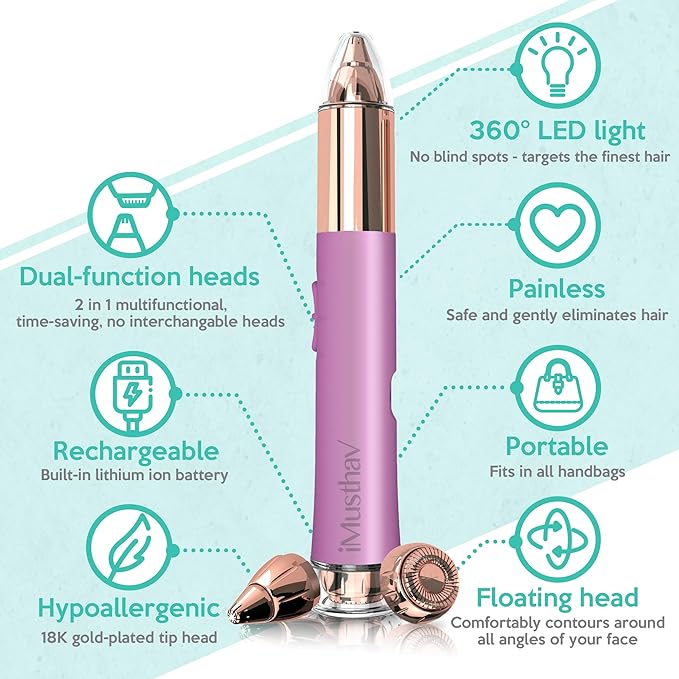 2 in 1 Eyebrow and Facial Hair Remover for Women Painless Flawless Electric Razor Epilator Trimmer Shaver with 18K Gold-Plated, USB Rechargeable, 360° LED for Eyebrow and Face Hair Removal-BrightBean Baby