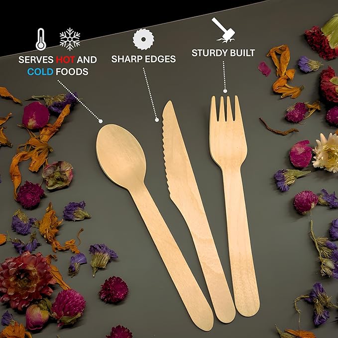 Disposable Wooden Cutlery Set 360 PCS - 100% Compostable Wooden Silverware [120 Forks, 120 Spoons, 120 Knives] - Wooden Disposable Utensils - Compostable Forks and Spoons - Silverware