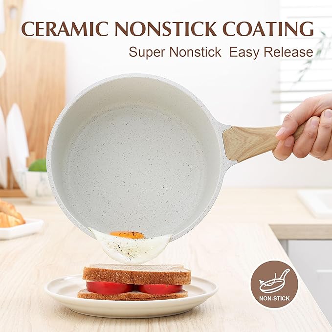 SENSARTE White Ceramic Nonstick Saucepan with Lid 2.5 Quarts - White Granite Coating