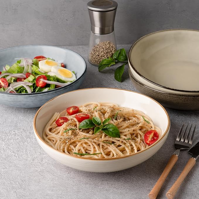 famiware Tempus Pasta Bowls Set of 4, 40 oz Bowls for Kitchen, Stoneware Deep Serving Bowls, Dishwasher & Microwave Safe Bowls for Cereal, Salad, Soup, Dessert etc - Pearl Blue
