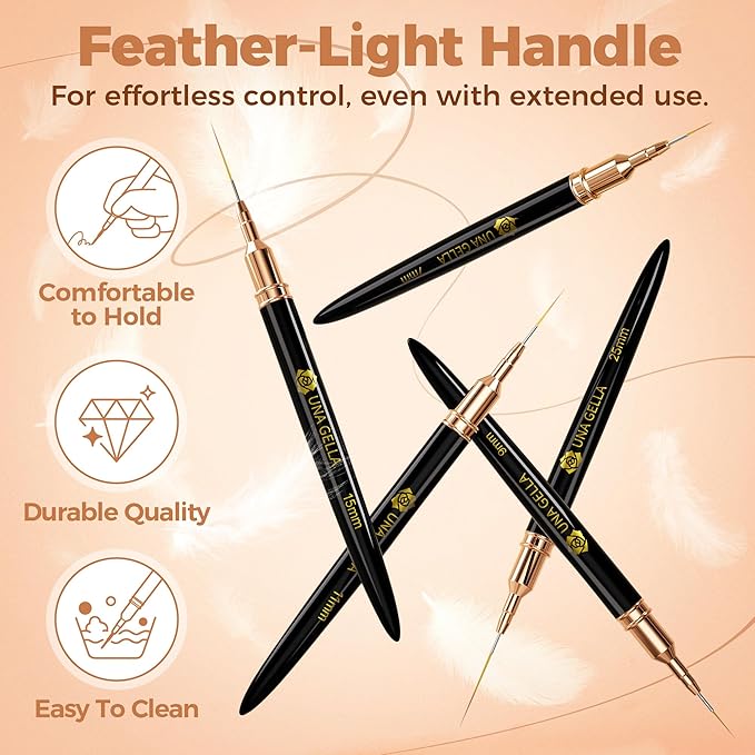 UNA GELLA Metallic Nail Art Brushes, Liner Pens Set 5Pcs Black Color For Nail Art Gel Polish - Thin Detail Nail Art Design Painting Brush Set For Nails Gel Fine Drawing Nail Tools Sizes 7/9/11/15/25mm-BrightBean Baby