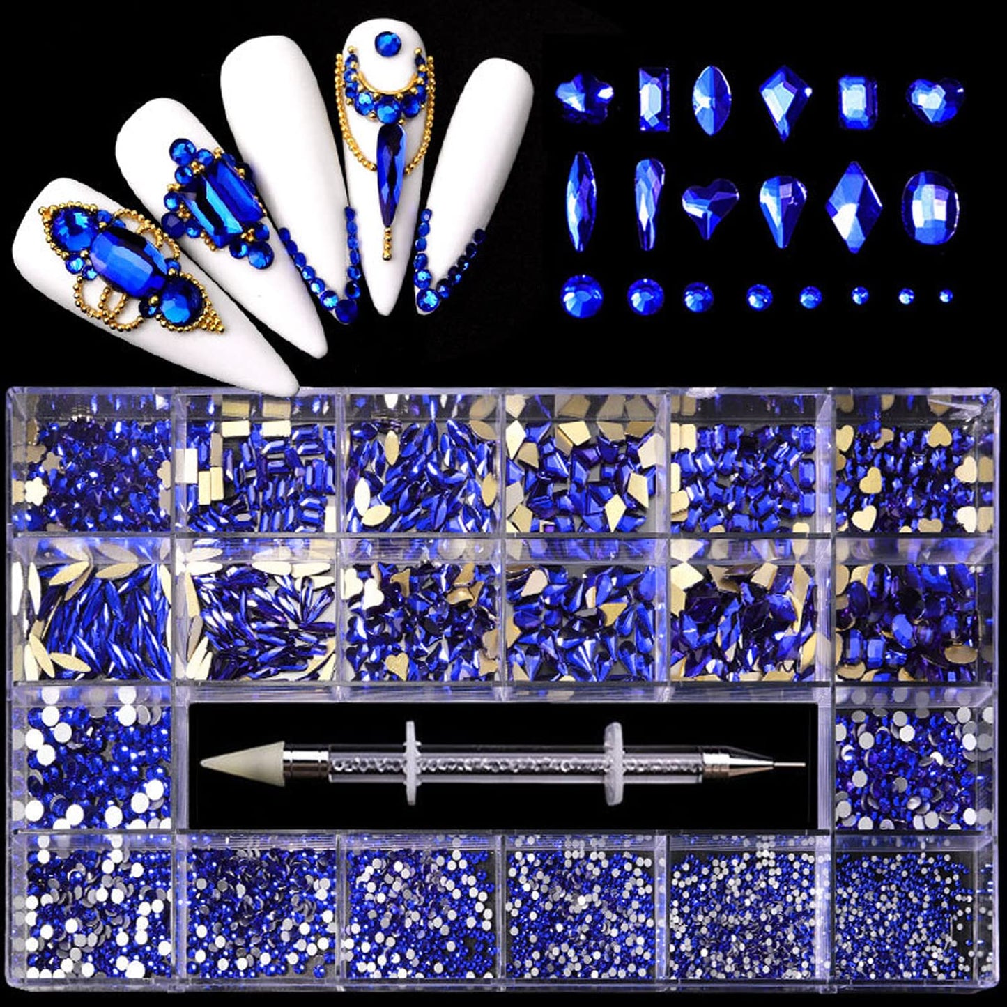 Nail Rhinestones Kit, Nail Art Decorations Flat AB Rhinestones Kit DIY Crafts Gemstones for Nail, Shoes, Clothes, Jewels (600 Blue Diamonds + 2500 Flat Rhinestone)-BrightBean Baby