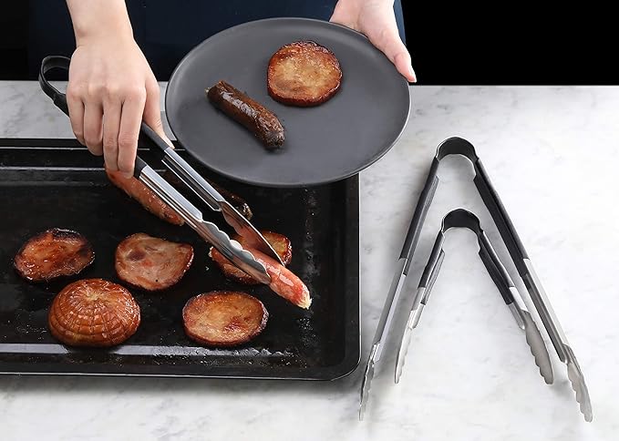 New Star Foodservice 35797 16-Inch Utility Spring Tongs, Stainless Steel, Vinyl Coated, Set of 12, Black