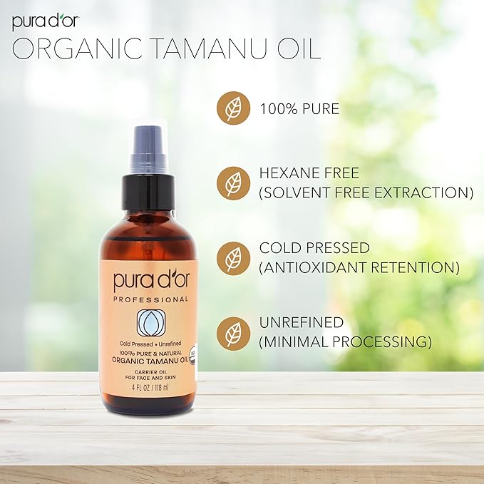 PURA D'OR 4 Oz Organic Tamanu Oil - USDA Certified 100% Pure & Natural Cold Pressed Carrier Oil, Premium Grade Moisturizer For Skin & Hair - Men & Women-BrightBean Baby