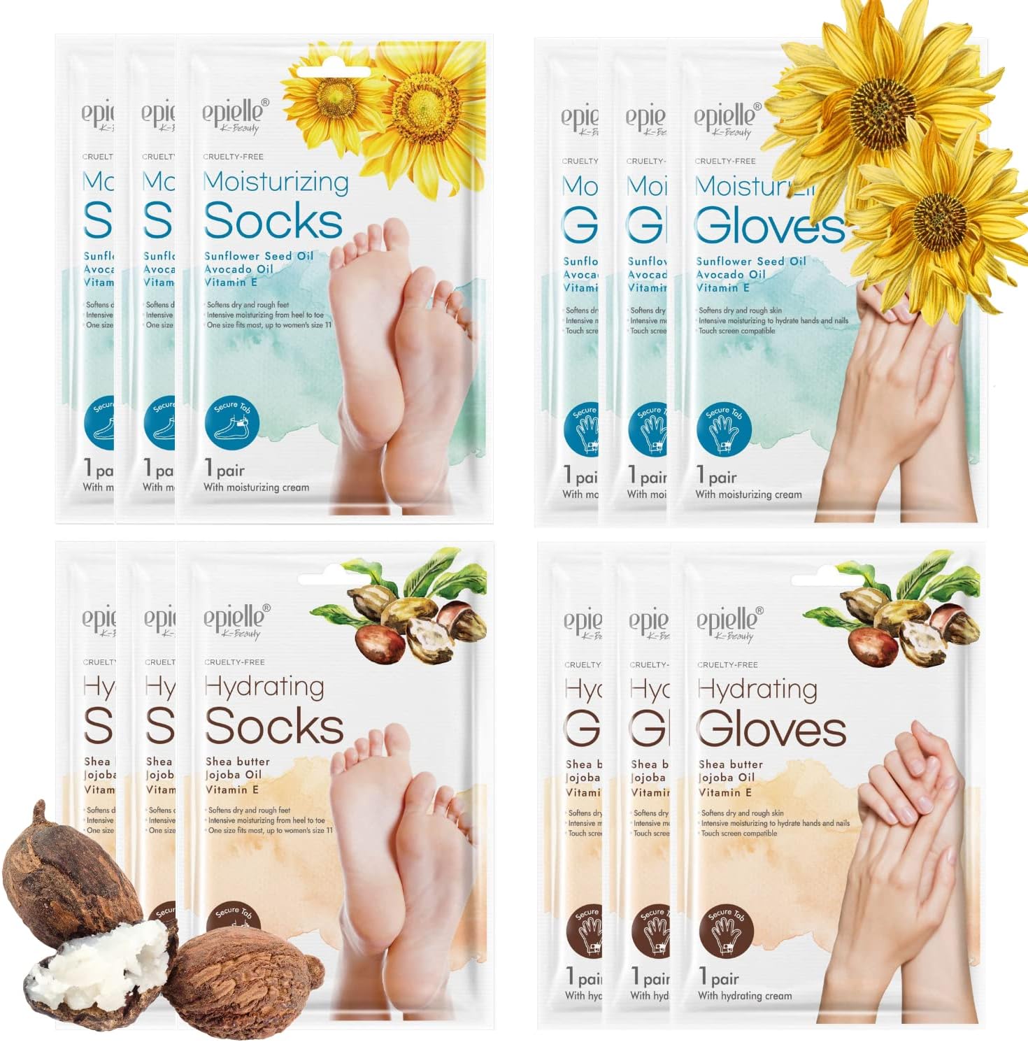 Epielle Hydrating & Moisturizing Hand & Foot Masks 12 Pairs, Relieve and Soften Dry Hands & Cracked Heels with Shea Butter & Sunflower Seed Oil, Korean Skin Care, Spa Set, Self Care Gifts for Women-BrightBean Baby