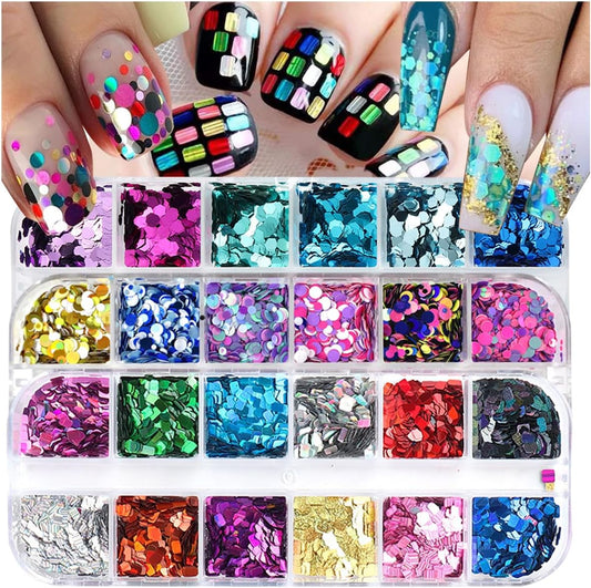 3 Boxes 36 Grids Holographic Nail Art Sequins Mermaid Hexagon Round Square Nail Glitter Decoration,DIY Chunky Holographic Supplies 3D Laser Flakes Sparkly Acrylic-BrightBean Baby