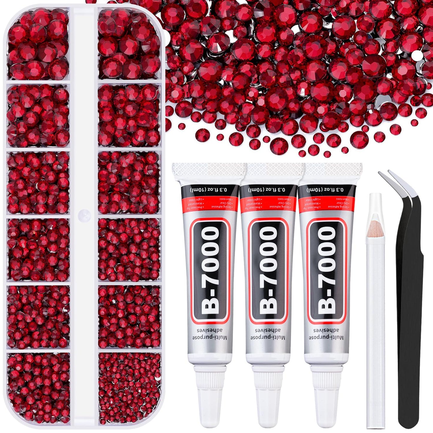 6000Pcs Resin Rhinestones for Bedazzling with 3Pcs B7000 Jewelry Glue, 1 Box Dark Red Flatback Rhinestones for Crafting Crafts DIY, Crystals Gems for Clothing Shoes Tumblers Nail Art Makeup-BrightBean Baby