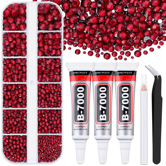 6000Pcs Resin Rhinestones for Bedazzling with 3Pcs B7000 Jewelry Glue, 1 Box Dark Red Flatback Rhinestones for Crafting Crafts DIY, Crystals Gems for Clothing Shoes Tumblers Nail Art Makeup-BrightBean Baby