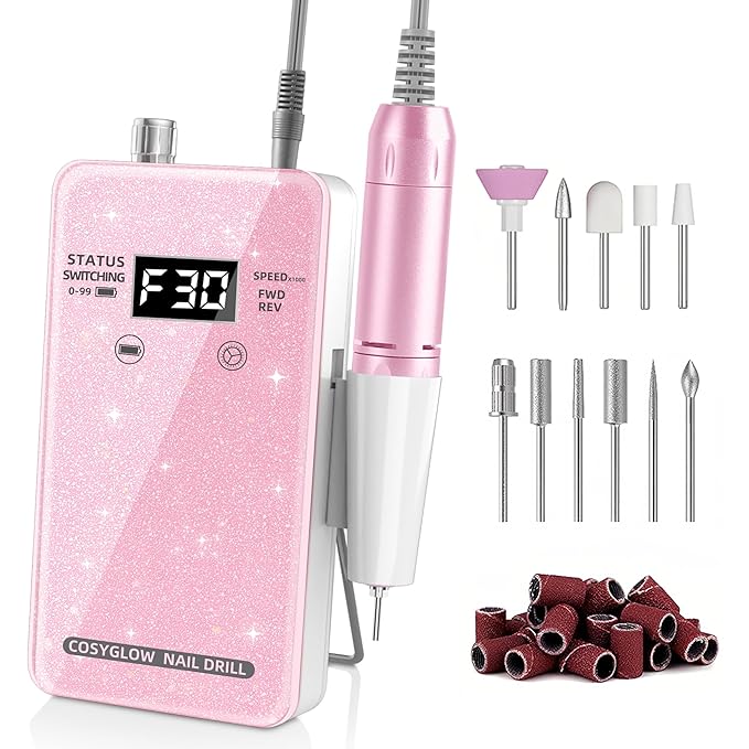 Professional Electric Nail Drill File:COSYGLOW Glitter Portable Cordless E-File Nail Drill Kit with 11 Drill Bits,30000 RPM Rechargeable Nail Drills Machine for Acrylic Nails Gel Polishing (Pink)-BrightBean Baby