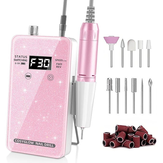 Professional Electric Nail Drill File:COSYGLOW Glitter Portable Cordless E-File Nail Drill Kit with 11 Drill Bits,30000 RPM Rechargeable Nail Drills Machine for Acrylic Nails Gel Polishing (Pink)-BrightBean Baby