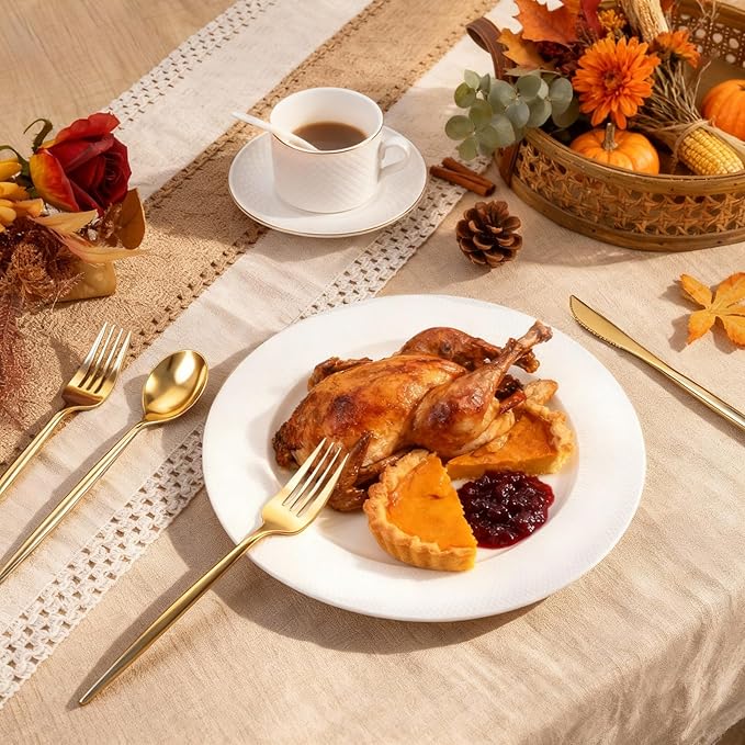 Rubtlamp 90Pcs Gold Plastic Silverware, Gold Disposable Thanksgiving Utensils, Plastic Cutlery Include 30 Plastic Knives, 60 Forks and Spoons, Fancy Plastic Silverware Heavy Duty for Thanksgiving