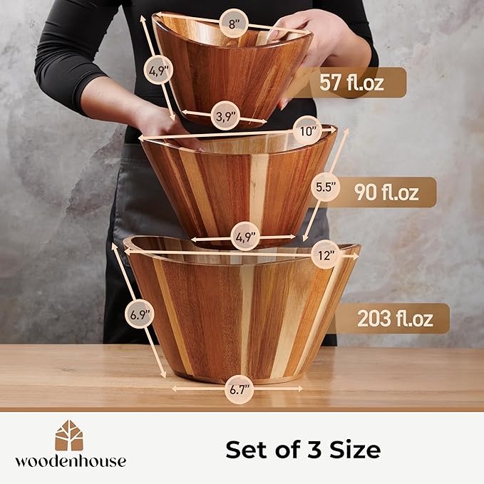 Wooden Salad Bowl Set, Salad Bowls Set of 3 - Wavy Design Salad Bowl Set for Serving, Handmade, Durable and Stylish Natural Wood Dining Accessory by Woodenhouse