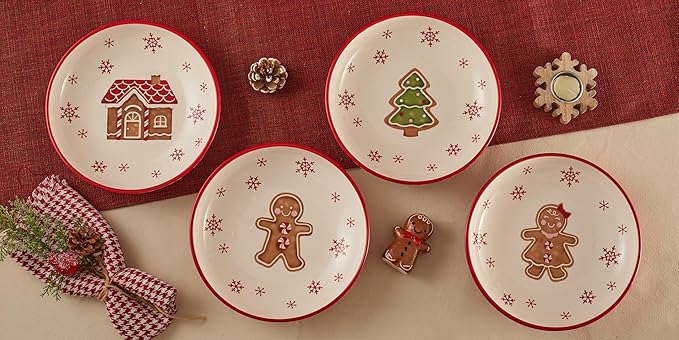 Bico Traditional Gingerbread Man Pasta Bowls, 35oz Salad Bowl Set of 4, Large Ceramic Serving Dinner Bowls for Soup and Cereal, Microwave and Dishwasher Safe, Gift for Housewarming and Holiday