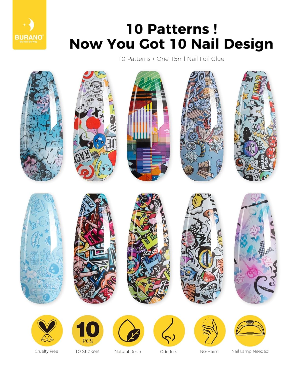 BURANO Nail Art Nail Foil Glue Gel, o.5 oz with 10PCS Foil Stickers Set Nail Foil Glue for Nails Foil Transfer Gel, Nail Design DIY UV LED Lamp Required (Design Foil 17)-BrightBean Baby