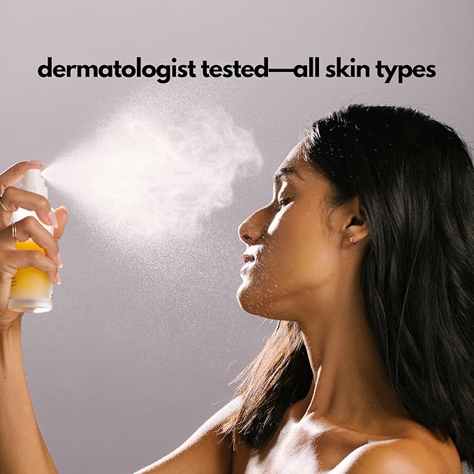 | PLUXOS 47 | SUNSCREEN + SKINCARE SPF 47 FACE MIST SPRAY (Peach) | SUN DEFENSE COMPLEX CARE | Apply Over Makeup, Broad Spectrum, Clear, Light, Vegan, Hydrate, Fight Acne, Anti-Aging, Cell Repair-BrightBean Baby