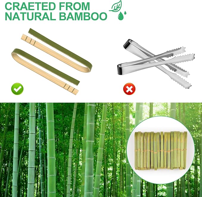 100 Pcs Mini Bamboo Tongs, 4 Inch Wooden Disposable Cooking Utensils, Charcuterie Boards Accessories, Natural Toast Tongs for Cooking and Serving Food