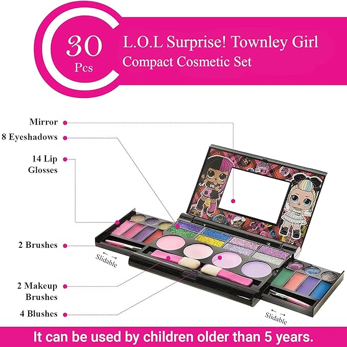 LOL Surprise Cosmetic Compact Set Includes Mirror, 14 Lip glosses, 8 Eye Shadow, 4 Blushes & 4 Brushes Safe & Non-Toxic Colorful Portable Foldable Makeup Beauty Kit for Girls, Townley Girl-BrightBean Baby
