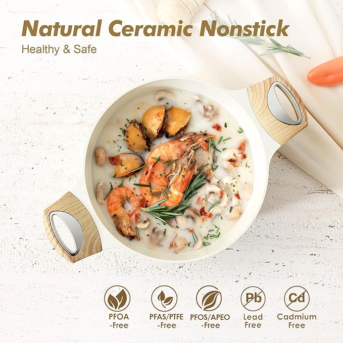 SENSARTE Ceramic Nonstick Stock Pot with Lid, 2.6/4.5/6.6/8.5 QT Soup Pot Casserole, Non-toxic Healthy, Induction Compatible, PFOA PFAS PTFE Free, White